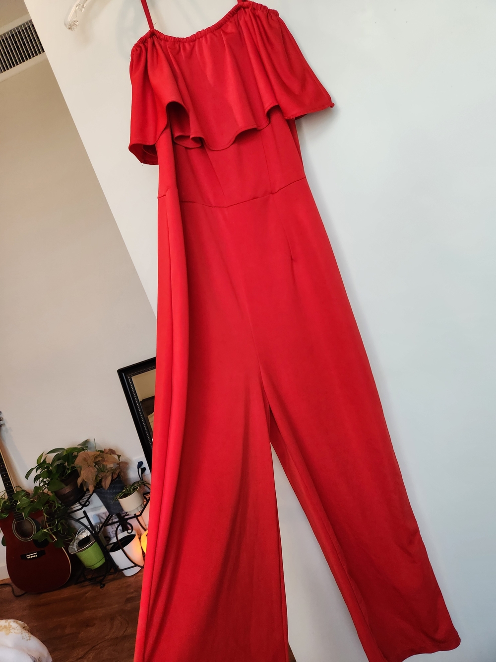 Red Off-Shoulder Ruffle Jumpsuit - Picture 6 of 9